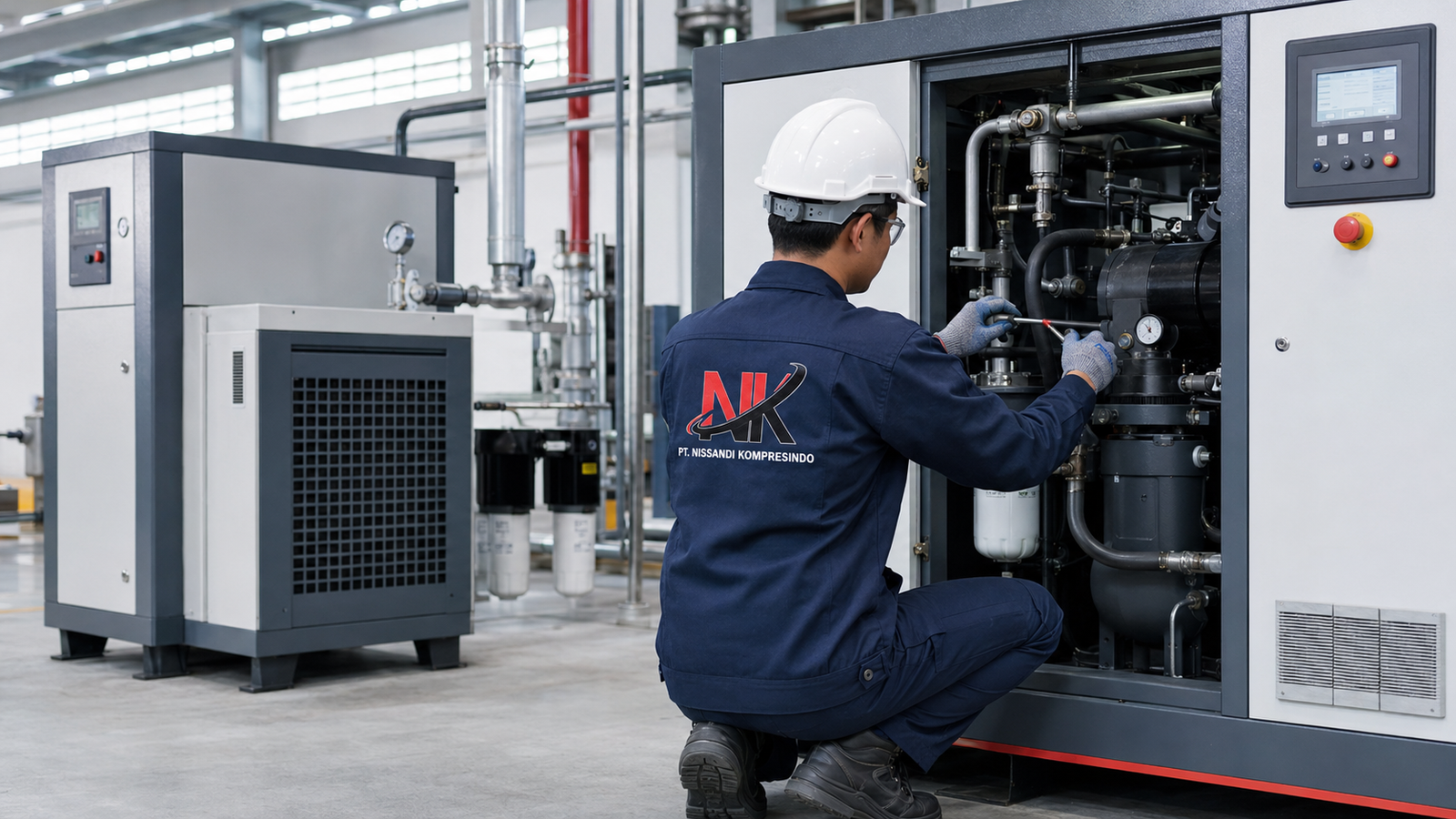 Teknisi melakukan perawatan air compressor dan air dryer industri.