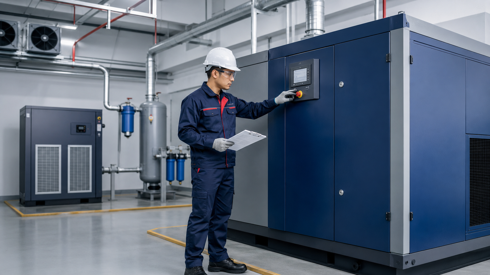 Teknisi melakukan preventive maintenance air compressor di ruang mesin industri