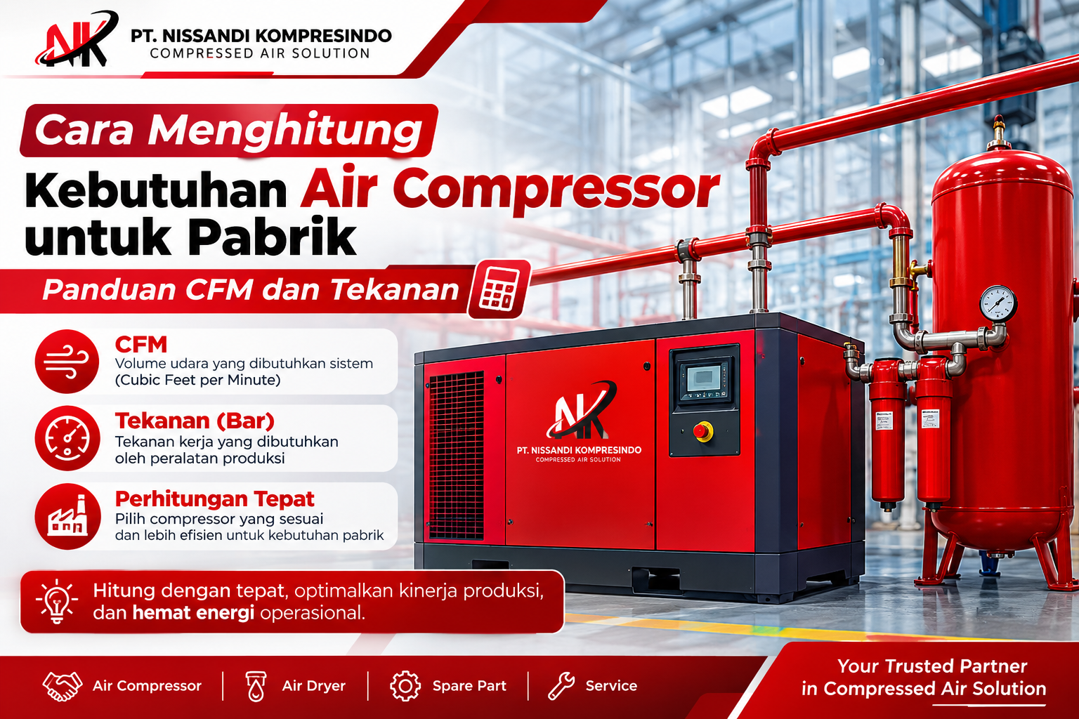 Cara menghitung kebutuhan air compressor untuk pabrik berdasarkan CFM dan tekanan
